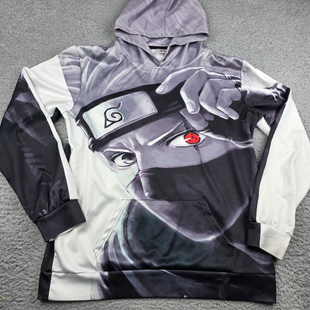 Naruto Kakashi Hatake Graphic Hoodie‎ Mens L/XL Gray White Sharingan Pullover